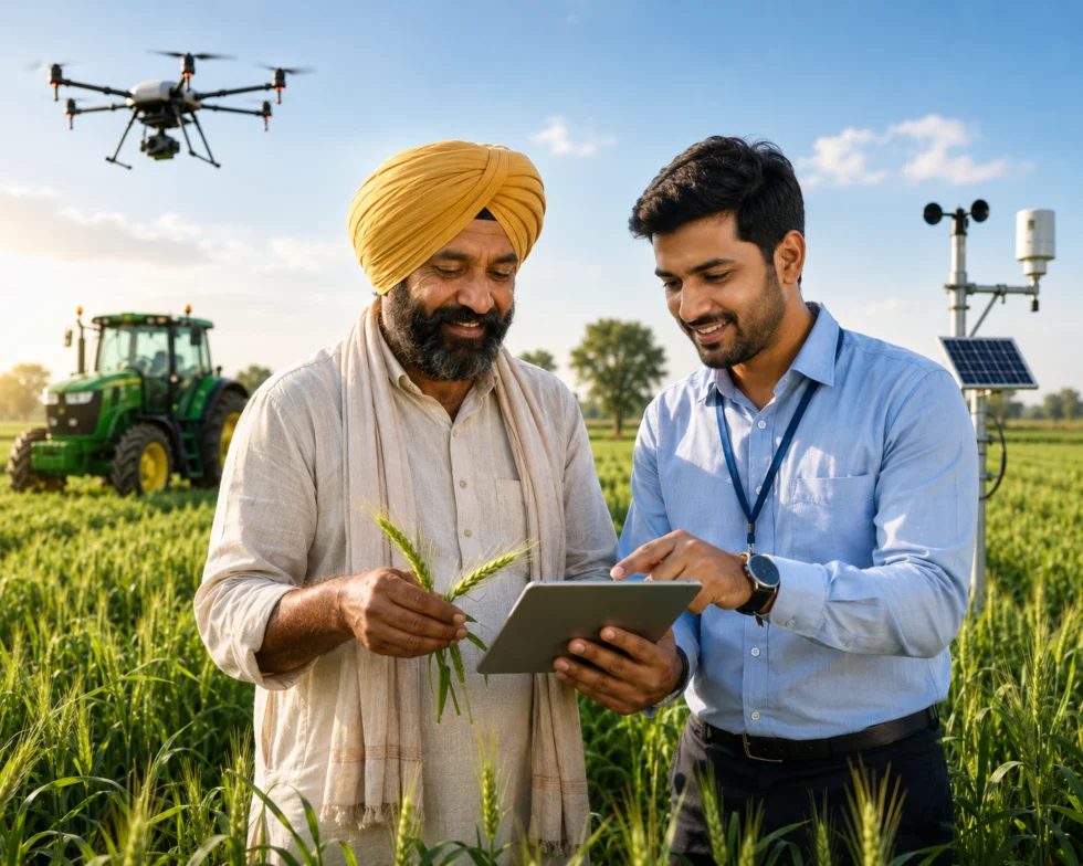 Farmer and agricultural advisor reviewing crop health